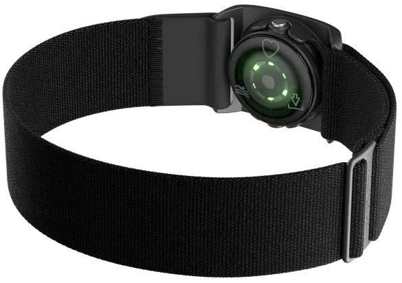 Polar Verity Sense optical PPG sensor showing active green LEDs
